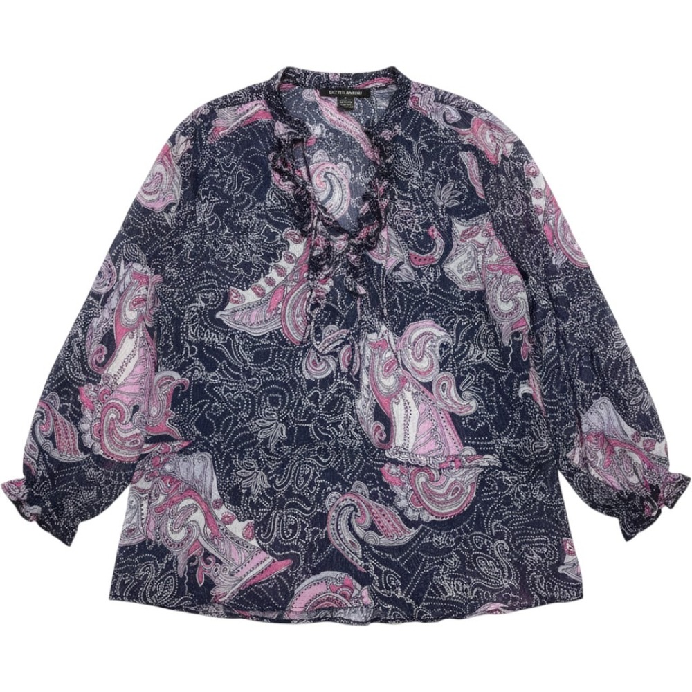 Lucky Brand Womens 100% Silk Paisley Ruffle Tie Neck Peasant Blouse Navy Pink S